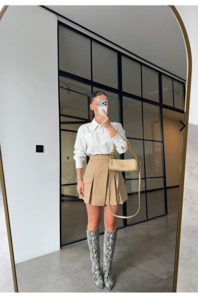 Quzu GÖMLEK DETAYLI CEPLİ PİLELİ KUŞAKLI ELBİSE