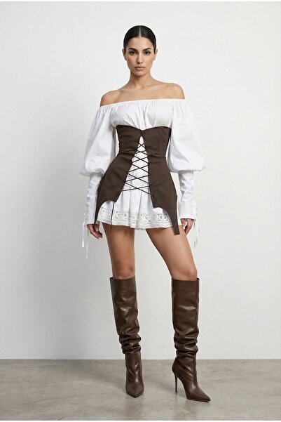 SidelyaConcept Korse Detaylı Beyaz Elbise