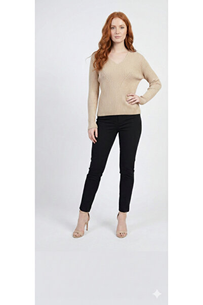 Neden Tekstil Beige V-Neck Ribbed Cashmere Textured Knitwear Sweater