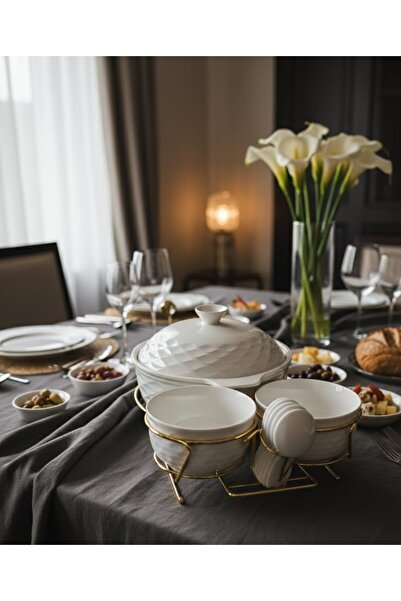 Generic SNK Luxury 16Pc Porcelain Soup Pot Set Golden Stand 11.5" Bowls & Spo...