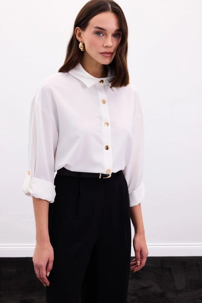 Sateen Snap Detailed Shirt - Ecru
