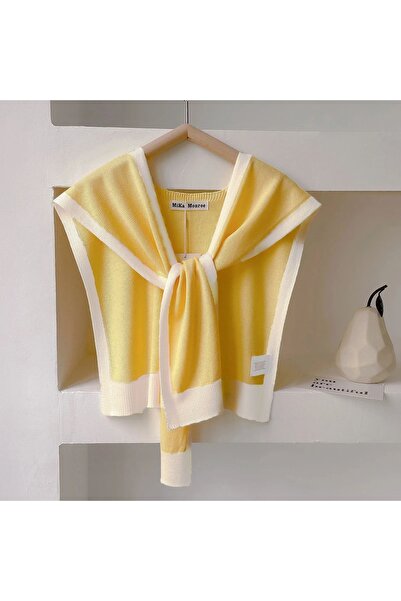 ElevaGlam Yeni Stil Triko Omuz Şalı Sarı Beyaz Desenli