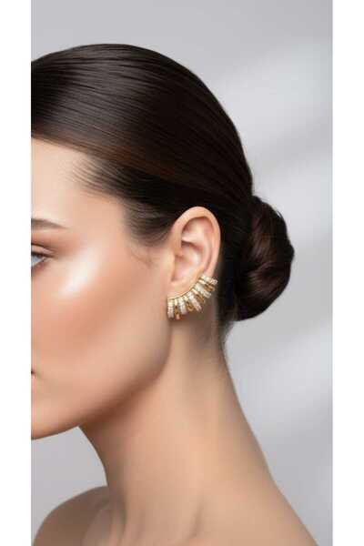 Çelik 316L Zirkon Taşlı Çok Şeritli C-Halka Küpe – Gold