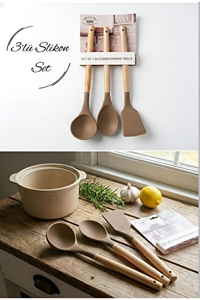 EVİMDM 3-Piece Wooden Handle Silicone Kitchen Serving Set – Heat Resistant
