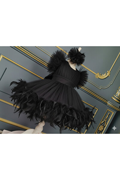 Star Kids Girl's Black Feathered Dress, Girl's Birthday Dress, Evening Dress,...