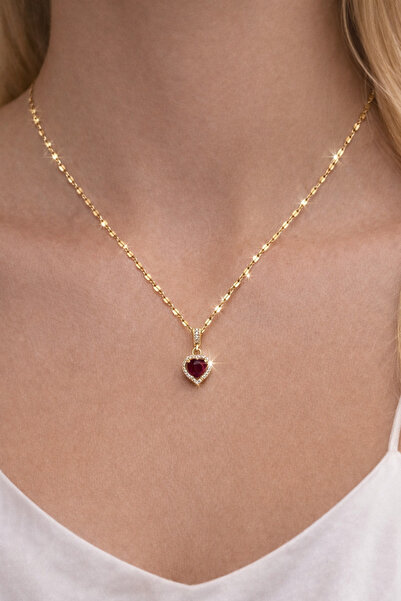 Yush aksesuar KIRMIZI KALPLİ ÇELİK KOLYE