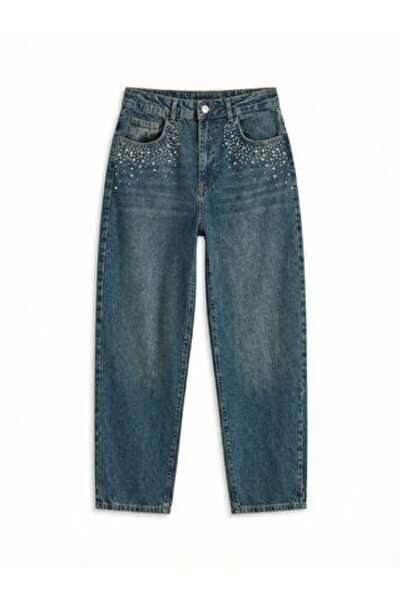 LC Waikiki بنطلون جينز نسائي M1 SEZON Indigo T مرصّع بالأحجار بقصة باريل فيت