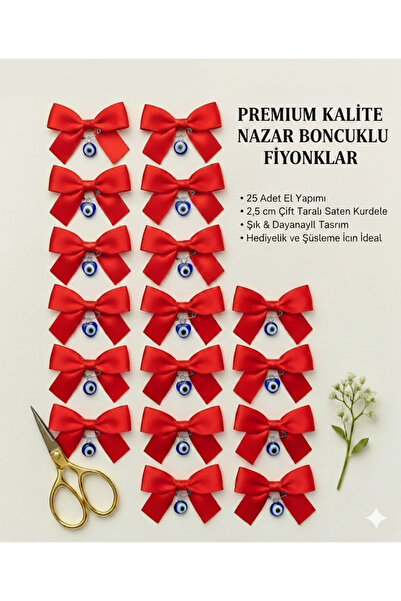 serap çiçekçilik "25'li Set Nazar Boncuklu Premium Kırmızı Saten Fiyonk - 2,5...