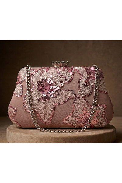 Telli Art Pink Sequined Evening Dress Clutch Bag – with Chain Strap – 12×21 cm