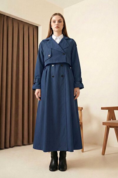 MODAQU Pleated Trench Coat with Bolero - Navy Blue
