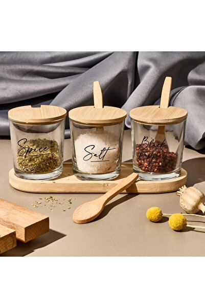 ASPARTAM Marsala 3-Piece Spice Jar Set with Spoon and Stand - Light Brown / T...