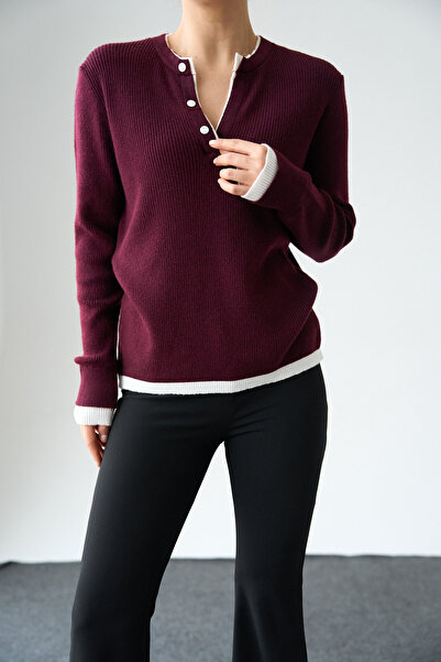 LOOSH Kadın Bordo 2 Patlı Düğmeli Kazak