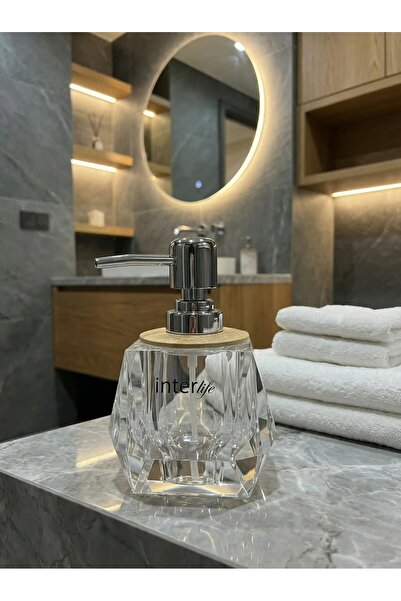 Florya Concept Cam Şeffaf Kristal Görünümlü Sıvı Sabunluk Ahşap Detaylı Metal...