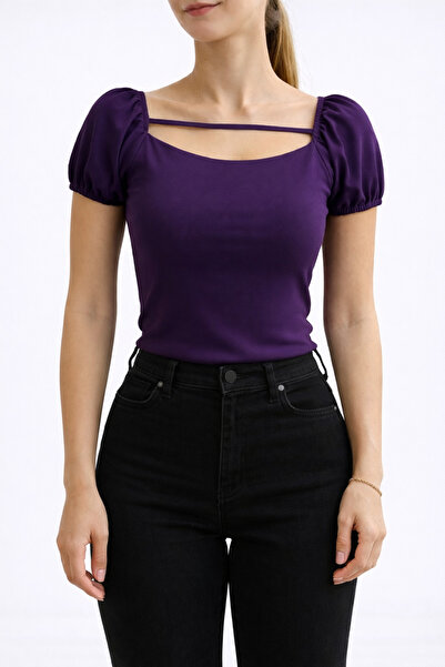 Cuyka Women's Square Neck Strap Detailed Short Sleeve Blouse