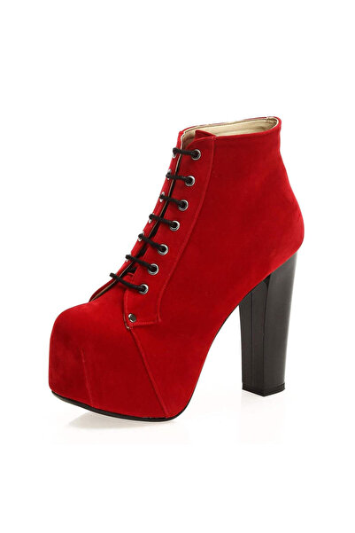 Bereket Kundura 1128 Model Platform Thick 15 cm Heeled Boots Red Suede Boots