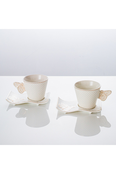 Malooki Set of 2 Coffee Cups with 2 Wavy Saucers, 180 ml, Porcelain – Butterf...