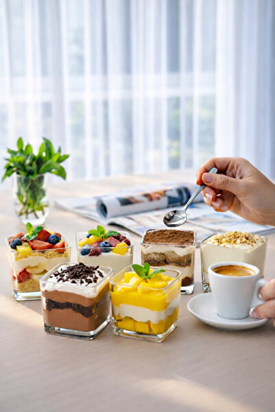 Paşabahçe 6'lı Kare Cam Tatlı Kasesi - Magnolia Tiramisu- Şık Sunum Kasesi Kezze