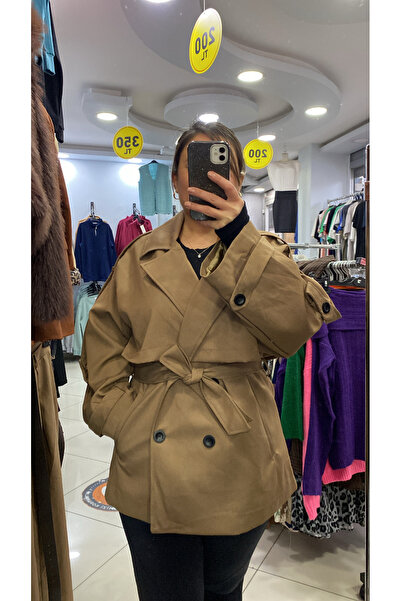 MODA Kadın Camel Kuşaklı Astarlı Düğmeli Oversize Trençkot