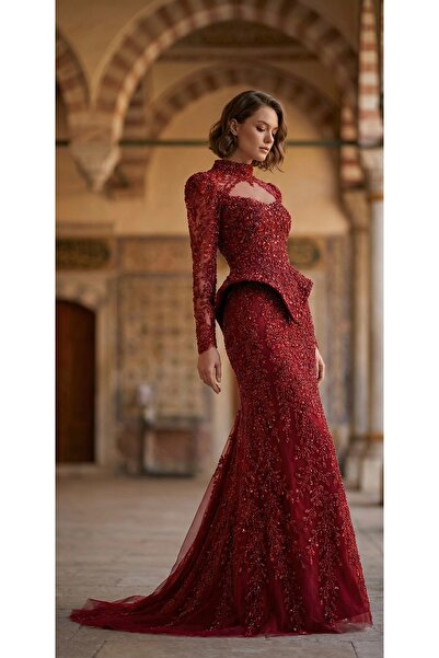 Ayşe gelinlik Bordo Taş İşlemeli Uzun Abiye Elbise | Balık Model, Tül Detaylı