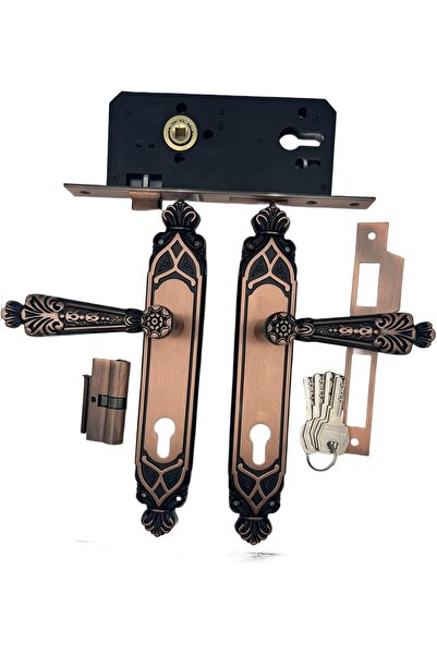 Generic Antique Copper Door Handle Set with Lock, Ornate Design, Complete wit...
