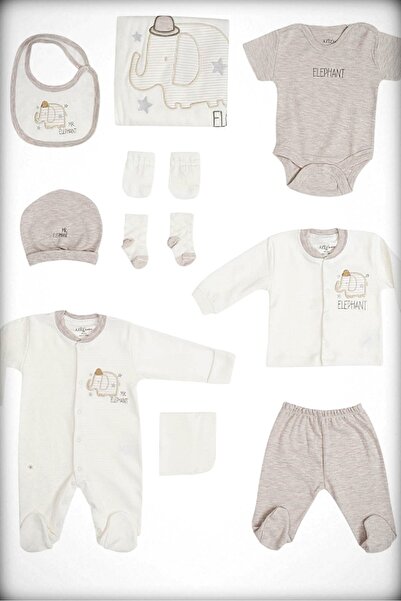 Aziz Bebe Fil Desenli Bej Melanj OnLu %100 Pamuk Hastane Çıkışı Seti