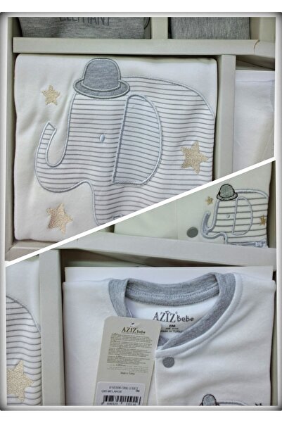 Aziz Bebe Fil Desenli Gri Melange OnLu %100 Pamuk Hastane Çıkışı Seti