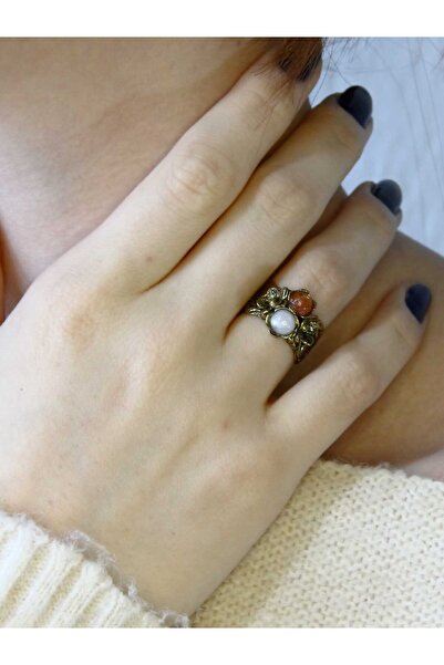 esha Double Natural Stone Flower Motif Antique Women's Adjustable Ring Moonst...