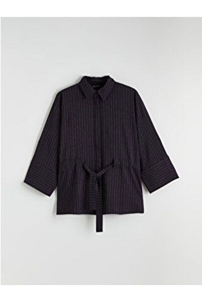 LC Waikiki M1 Sezon Navy Blue Striped Tie-Detail Oversized Women's Shirt