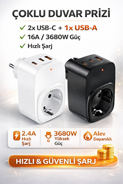 TUROVE USB-C ve USB-A Çıkışlı 16A 3680W Çoklu Duvar Prizi