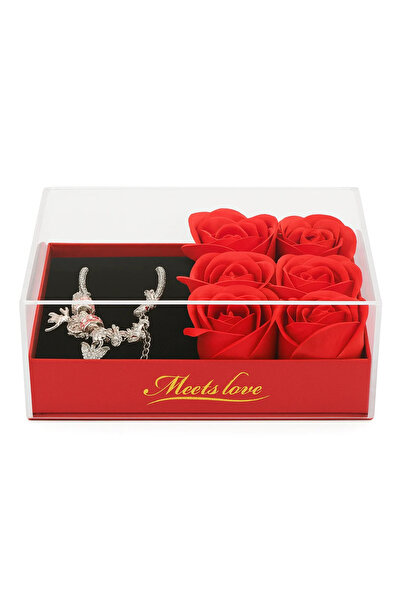 LOVE Gift set with 6 soap roses and bracelet, elegant box with transparent li...