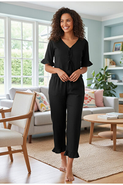 YusGos Women's Flounce Sleeve and Leg Detail Lace-Up Front Bamboo Linen Pajam...