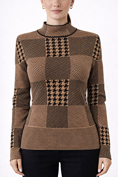 Neden Tekstil Brown Houndstooth and Stripe Patterned High Neck Ribbed Knit Sw...