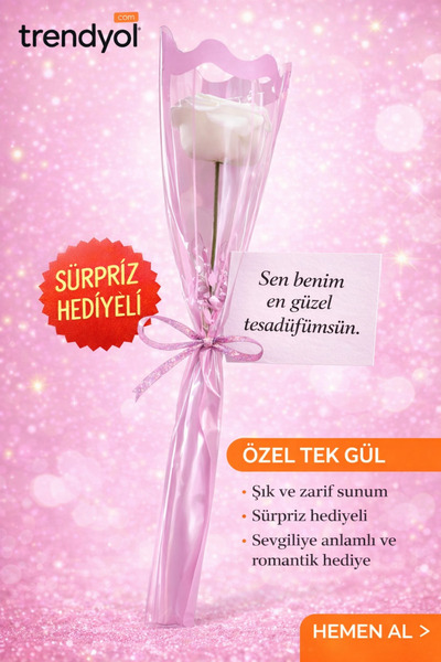 Çiçek Sevgililer Günü Özel Tek Gül – Şık Paketli, Not Kartlı, Sürpriz Hediyeli