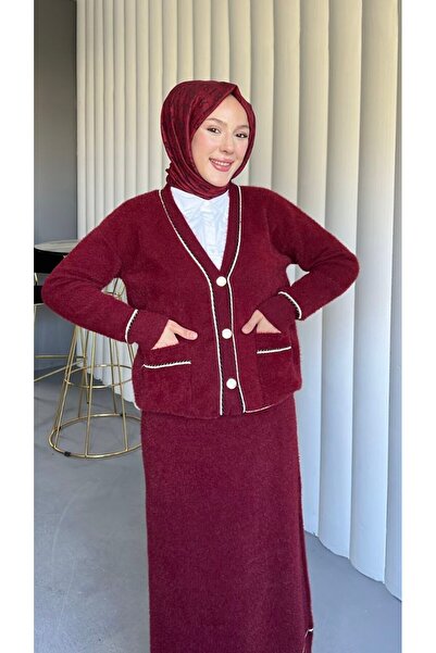 ensade Kalın Yumoş Piped Detail Blouse Skirt Knitwear Stylish Women's Set