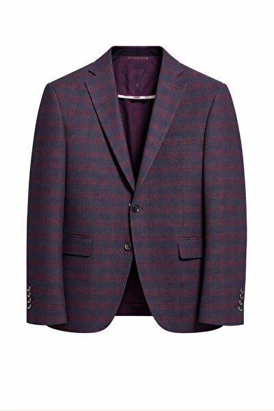 MASERTO Men's Burgundy Plaid Patterned Slim Fit Blazer Jacket