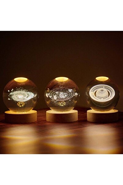 mr shopping MR 3’lü Işıklı Galaksi Cam Küre Seti | Ahşap Tabanlı | USB Kablol...