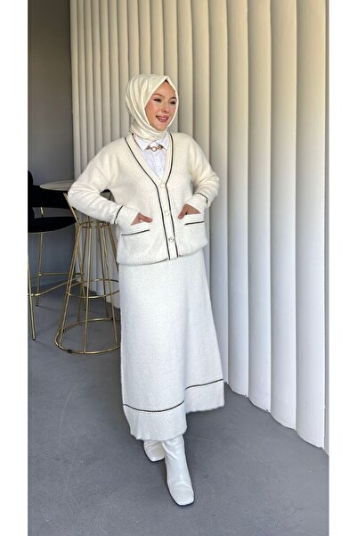 ensade Kalın Yumoş Piped Detail Blouse Skirt Knitwear Stylish Women's Set