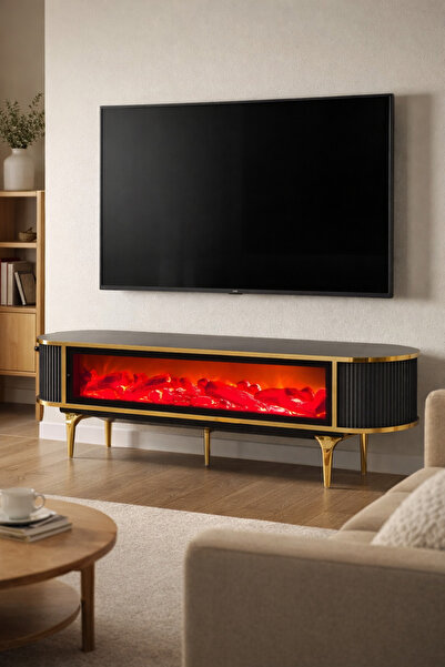 SOME Lüks Şömineli tv sehpasi koyu gri (antrasit) Gold 160cm (3D Alev)