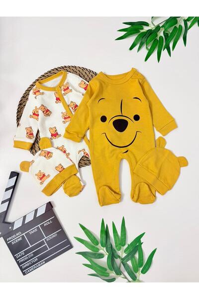 UmBaby Ayıcık Baskılı 2'li Şapkalı Tulum Seti Yenidoğan /3-6 Ay