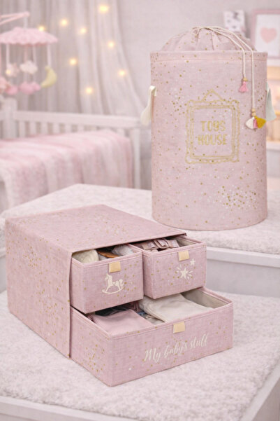 PONÇİK BEBEK Pink Color 3-Compartment Drawer & Bagged Basket Set for Baby-Chi...