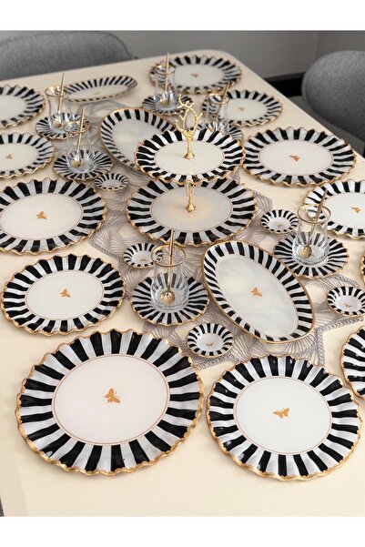 Hediye Köşkü Siyah Beyaz Kelebek Serim Çay seti & Kahvaltı Takımı 40 parça