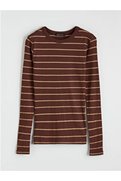 LC Waikiki M1 Sezon Brown Crew Neck Striped Women's Bodysuit