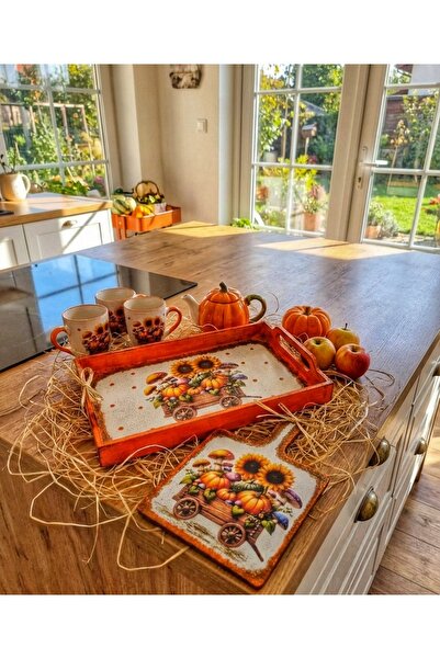 buraxe Turuncu ahşap tepsi ve sunum tahtası çay/kahve seti,mutfak dekoru,el e...