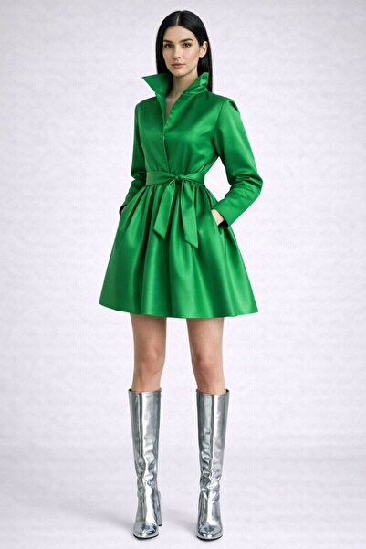 UNTIMELY Leather Satin Mini Shirt Dress with Belt Detail and Patterned Design
