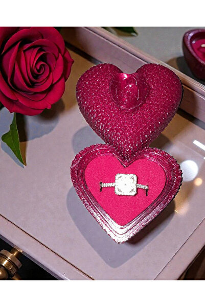 FEMORE Tekli Şarap Kırmızısı Güllü Kalpli Yüzük Küpe Kutusu