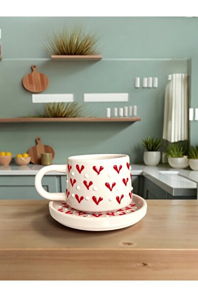 Artistic Quality Decorative Red Heart Embroidered, Embossed Detailed Tea-Coff...