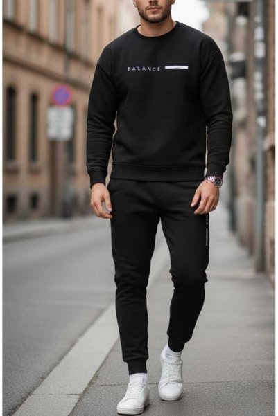 QAST GİYİM SANATI Men's Tracksuit Set Balance Written Oversized Black