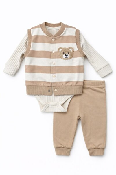 Pure Boutique Set bebelus 3 piese body vesta pantaloni bumbac cu ursulet bej