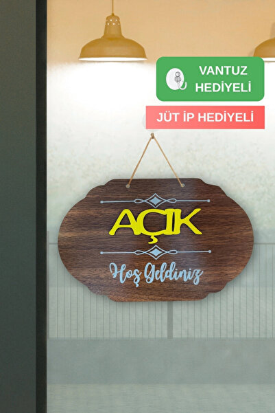 Kutaydan Dekoratif Ahşap Çift Taraflı 2D Açık-Kapalı Yazısı - Ceviz