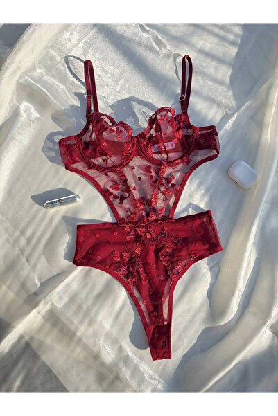 aldyoo Bordo Kalp Desenli Balenli Kapsız Transparan Bodysuit Babydoll